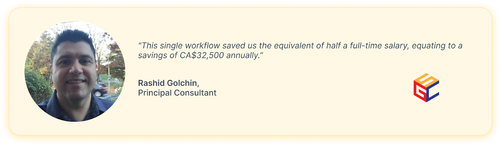 Image showing Rashid Golchin quoting that his company saved half an annual employee salary by using Process Street 