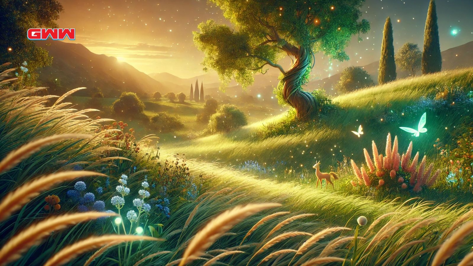 A serene and magical animation-inspired scene featuring a lush countryside.