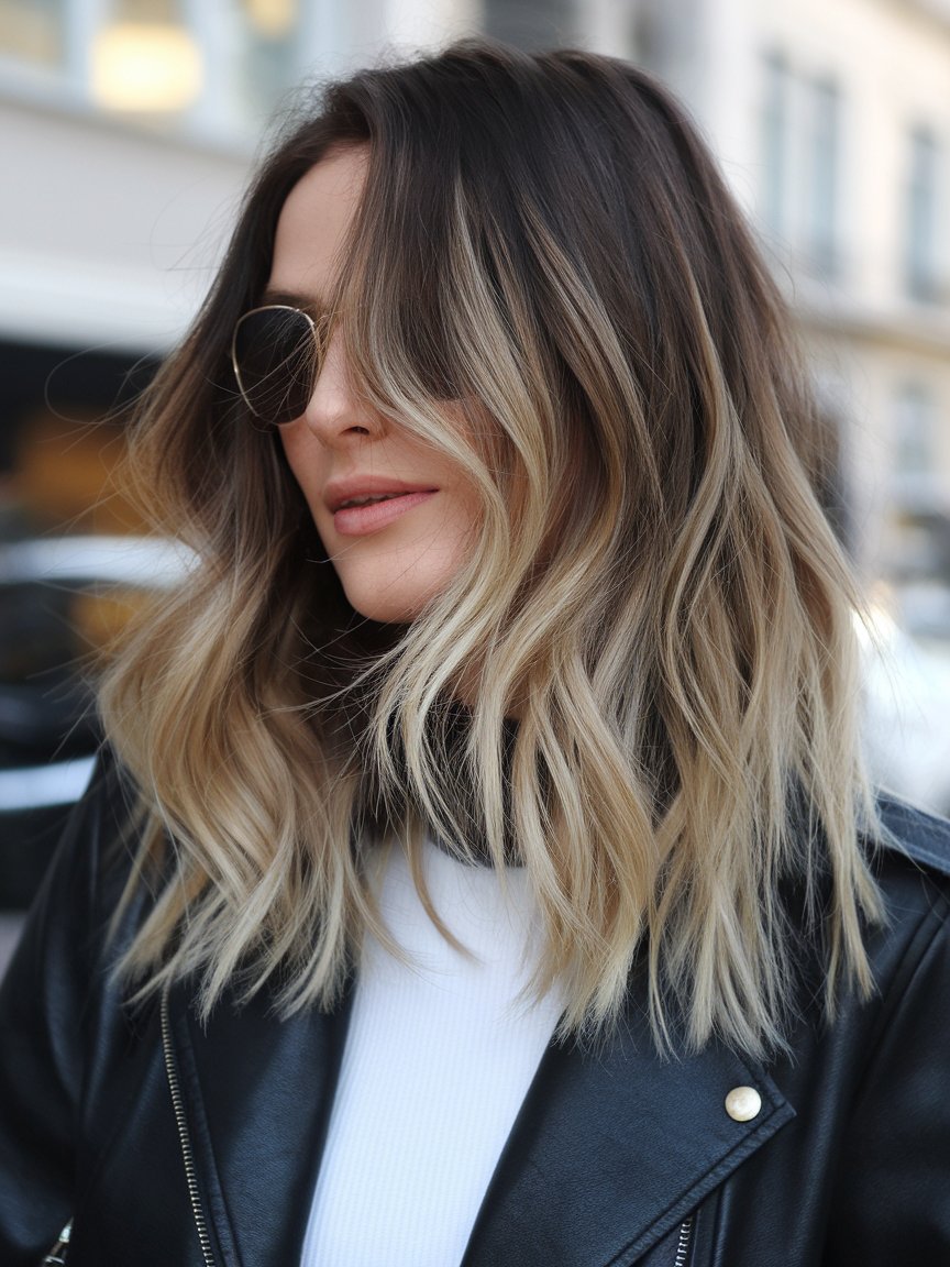 14. Golden Balayage on Dark Brown Hair