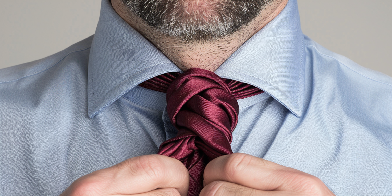 Close-up of a man tying a Half Windsor necktie knot on a smooth silk tie in classic burgundy. The knot is medium-sized, symmetrical, and triangular, paired with a crisp light blue dress shirt and a standard collar. The lighting is soft and professional, emphasizing a polished and balanced style perfect for office or formal settings.