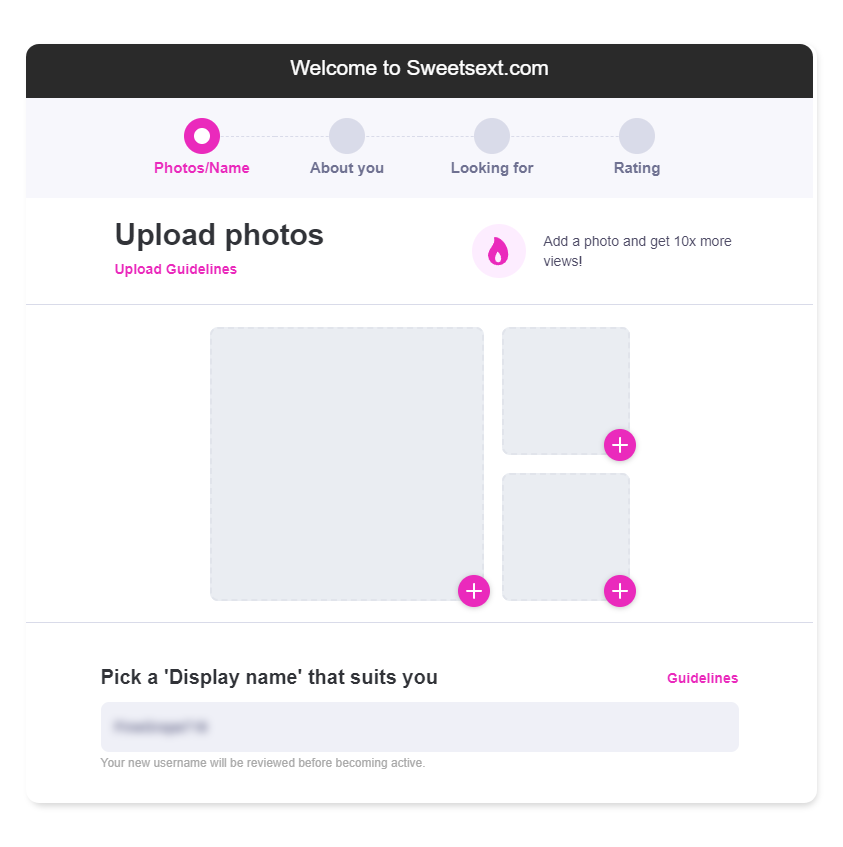 Welcome to SweetSext pop-up. Additional steps to complete your profile.