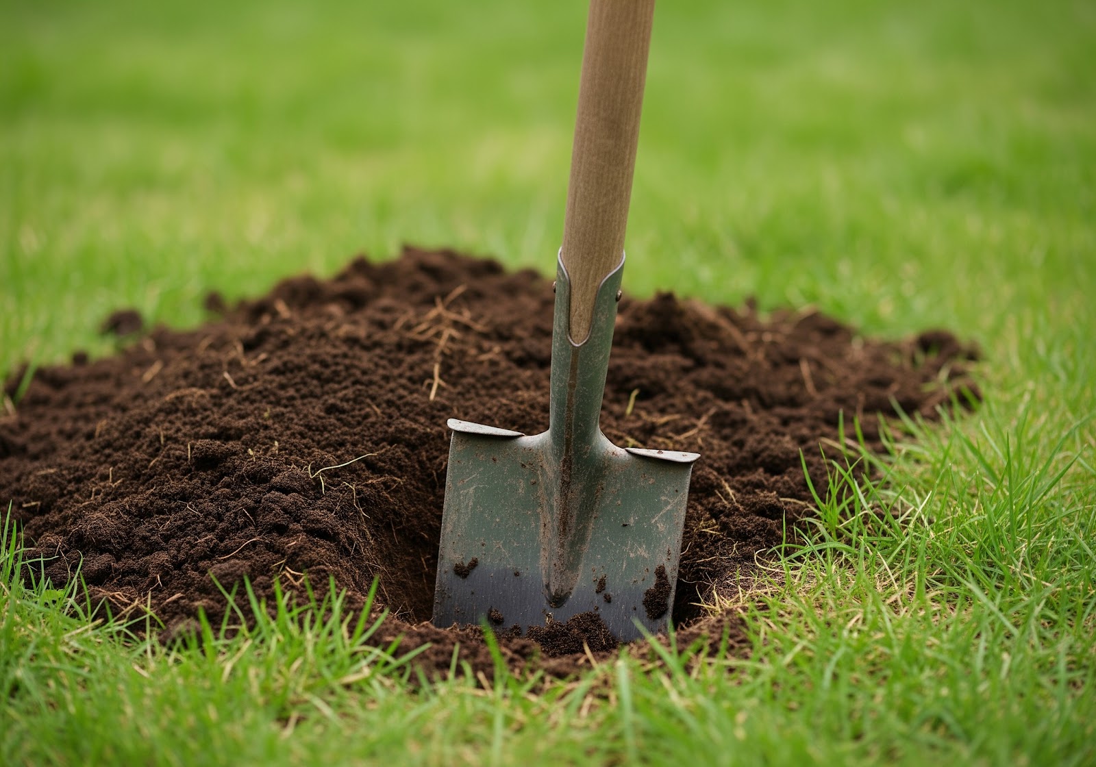 Uma pá de jardinagem sendo usada para cavar um buraco em um solo marrom, com grama verde ao redor, representando o preparo do solo para o plantio.