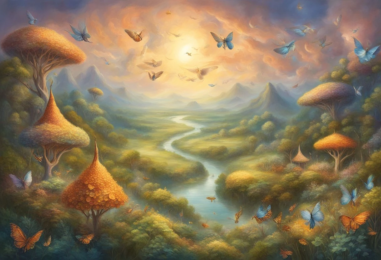 A swarm of ephemeral creatures floats above a serene landscape, embodying the teachings of spiritual masters