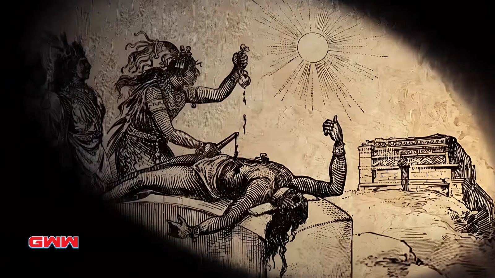 Ritual sacrifice depiction from ancient Aztec culture in Blind Frog exploration