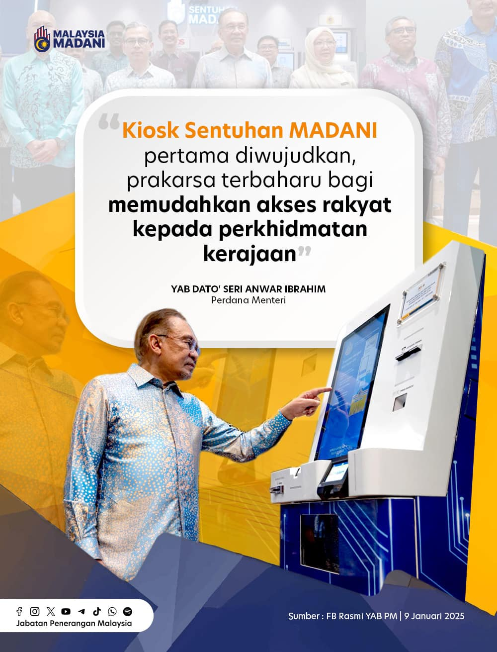 Kiosk Sentuhan MADANI ialah merupakan sistem kiosk digital yang menghimpunkan pelbagai perkhidmatan kerajaan di satu lokasi strategik untuk memudahkan akses orang ramai kepada perkhidmatan awam. 