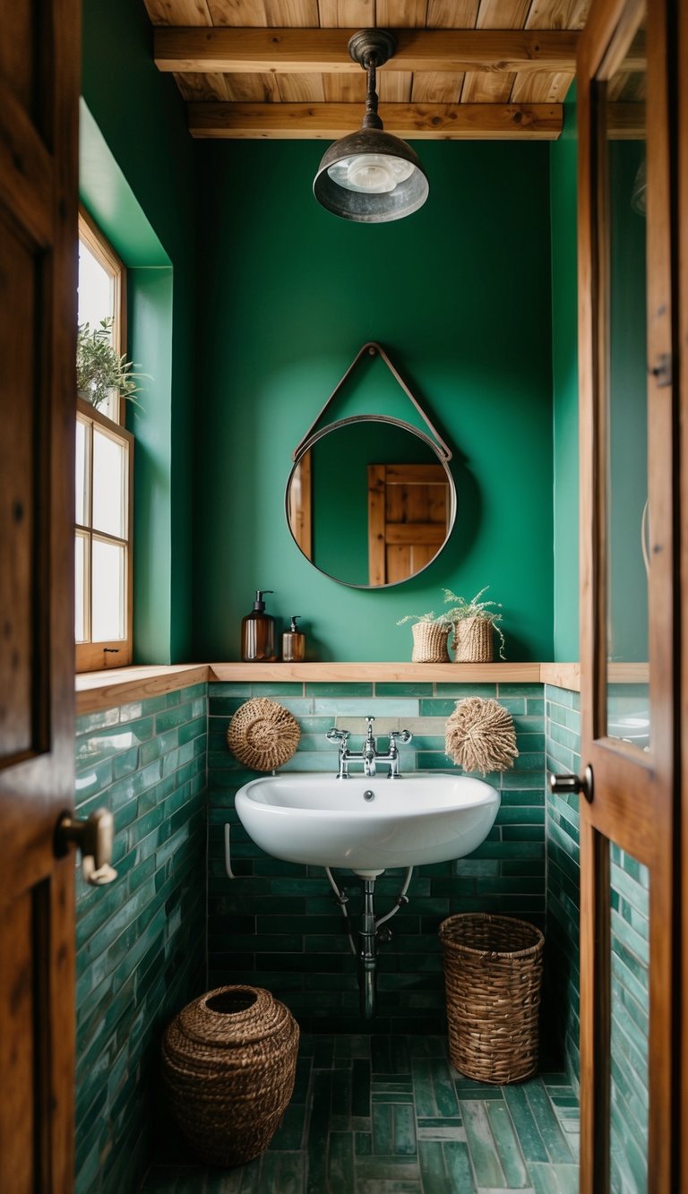 A rustic green bathroom with reclaimed metal fixtures and natural elements