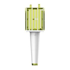 This contains an image of a white and yellow electric lightstick with green blades on it's head, against a white background