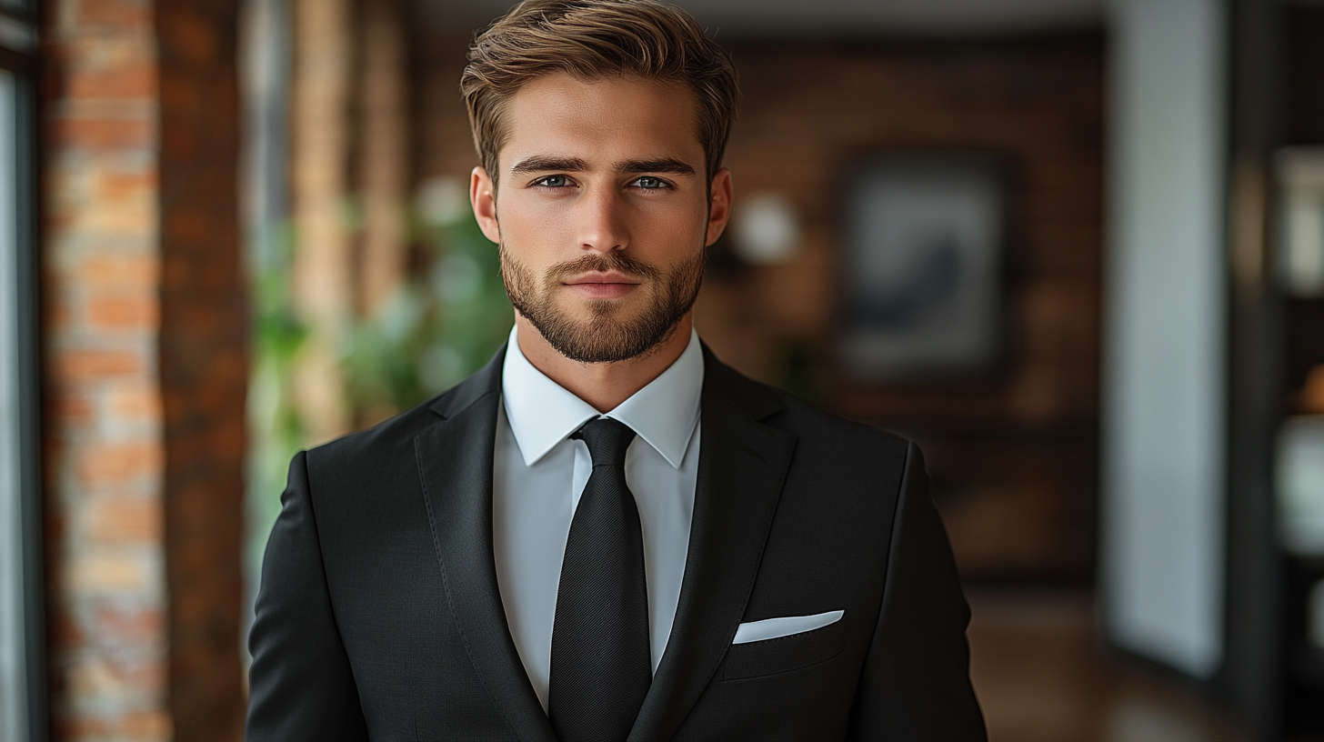 A groom in a perfectly tailored black suit, wearing a classic white shirt underneath. The white shirt complements the sharpness of the black suit, allowing the groom to exude timeless elegance. The contrast between the crisp white shirt and the sleek black suit creates a refined, sophisticated look. The groom is confident and stylish, standing tall with carefully chosen accessories such as a black tie, pocket square, and polished shoes. The setting is a beautiful wedding venue, highlighting the groom’s polished, yet classic appearance as he prepares to walk down the aisle. The scene is elegant and timeless, showcasing the balance of simplicity and style.