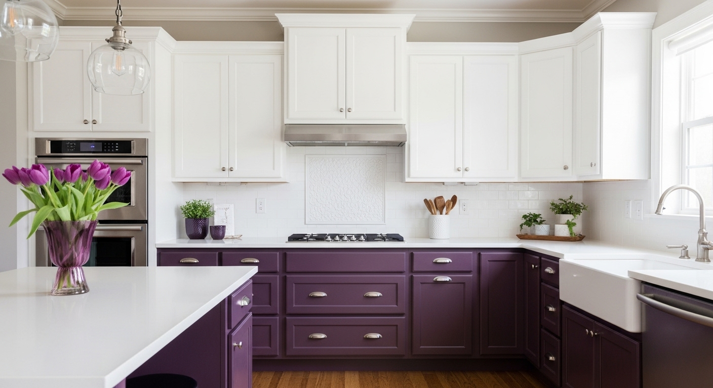 Plum and White Elegance kitchen cabinets