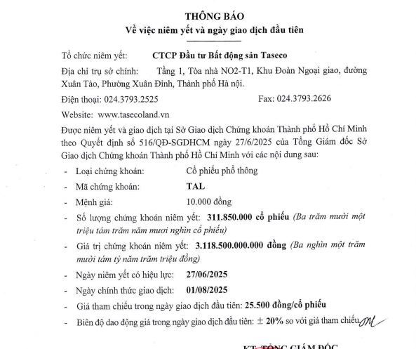 Thông báo số 1351/TB-SGDHCM về việc gần 312 triệu cổ phiếu TAL của CTCP Đầu tư Bất động sản Taseco (Taseco Land) sẽ chính thức giao dịch trên HoSE (Nguồn: HOSE)