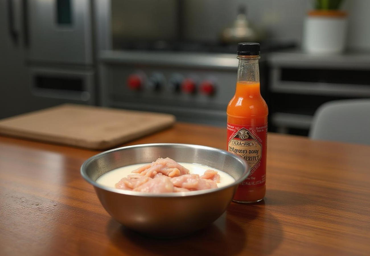in a bowl, chicken cutlets are marinated in buttermilk and hot sauce mixture