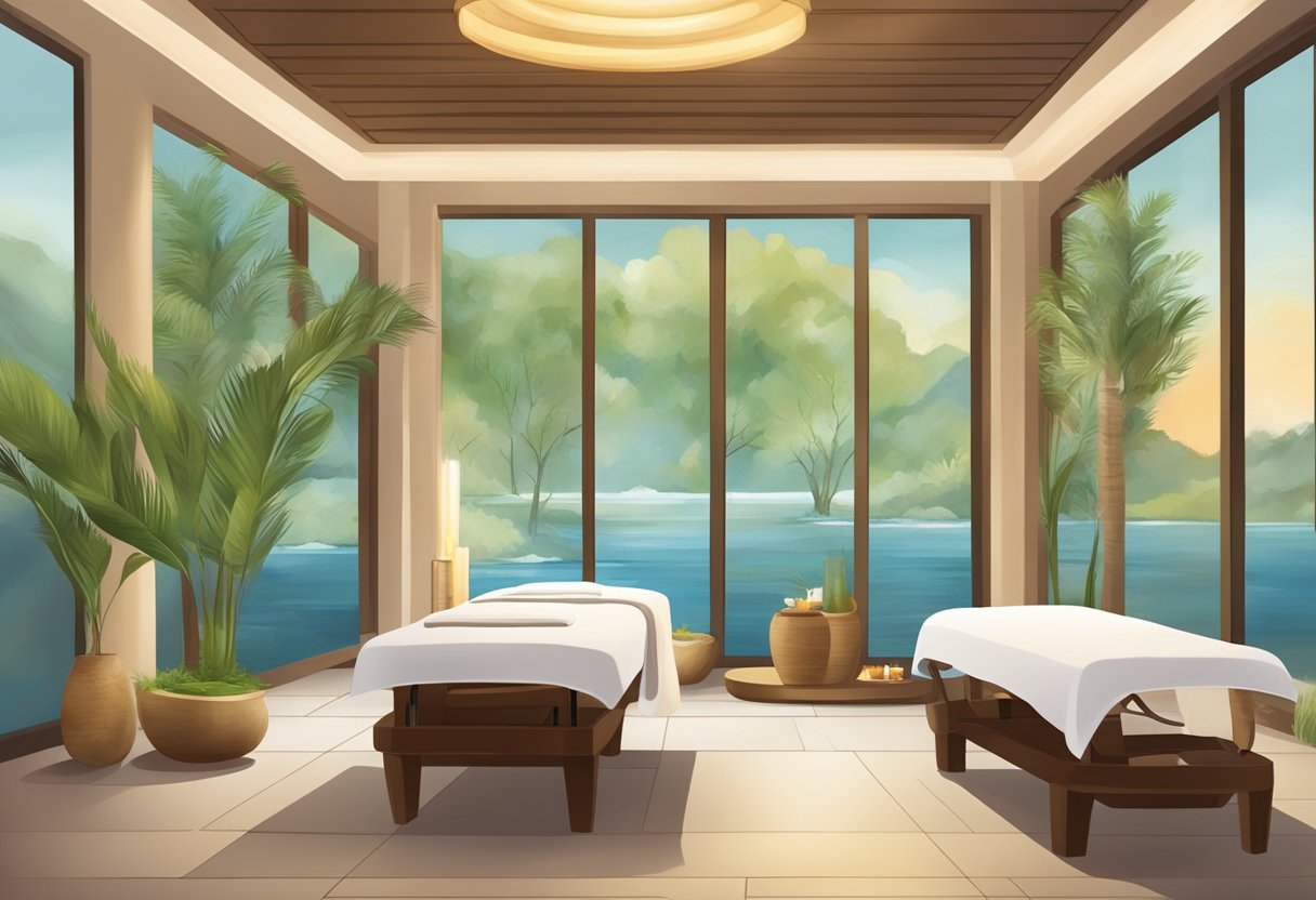 A serene spa environment with luxurious amenities and a tranquil atmosphere, featuring popular treatments such as massages, facials, and body wraps