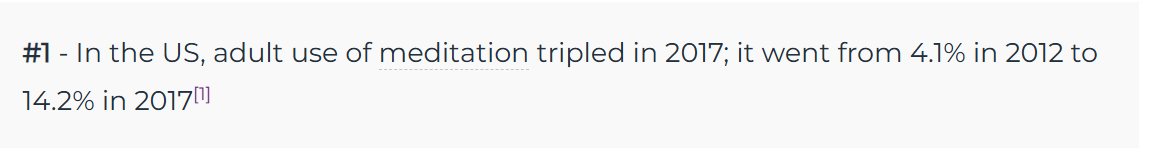 Statistic showing meditation practice in the U.S. tripled from 4.1% in 2012 to 14.2% in 2017.