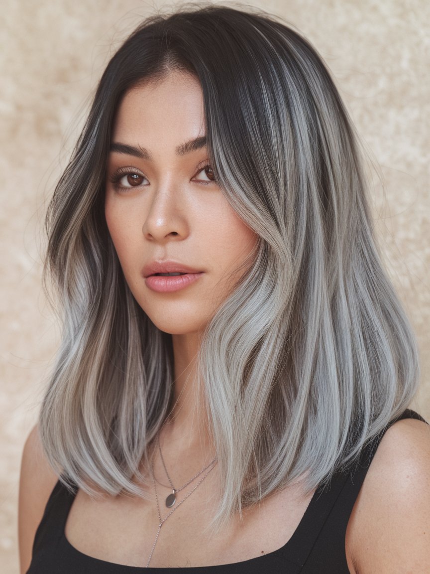 65. Gray Balayage Lob for Straight Hair