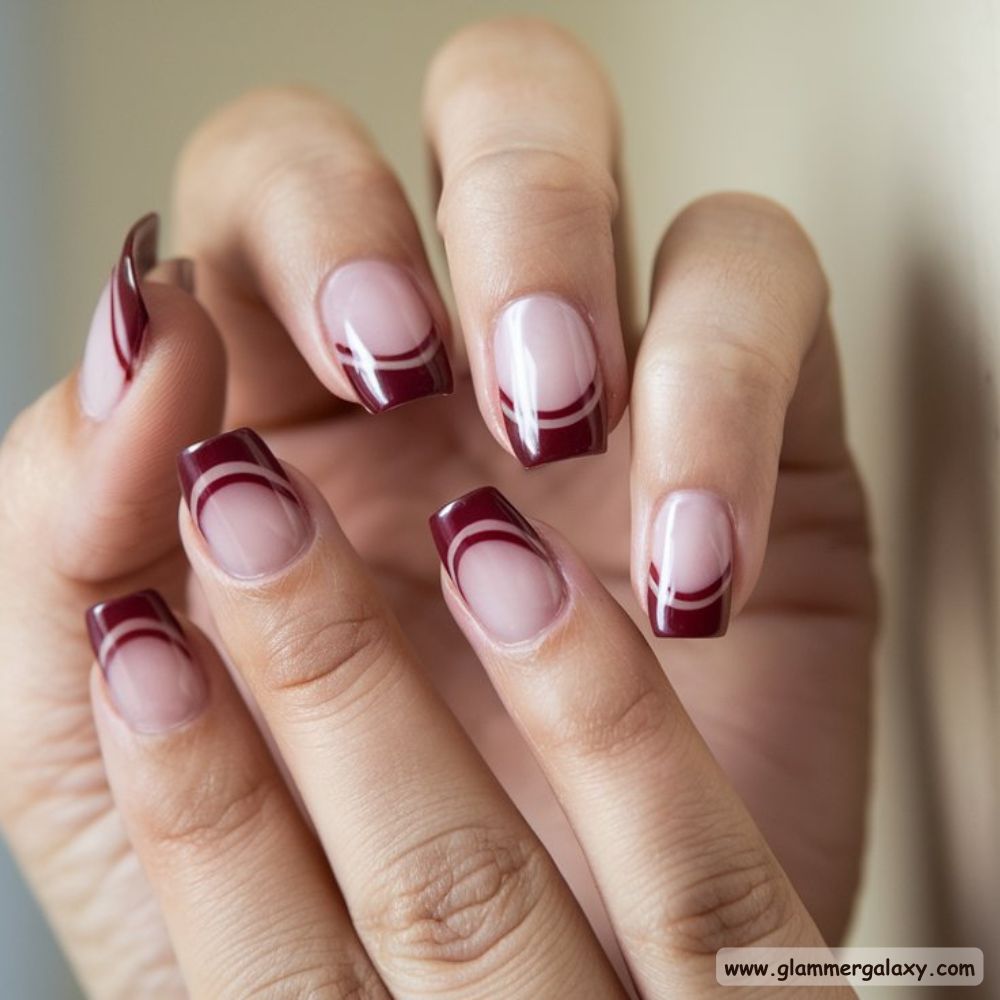 Burgundy fall Nails with Stylish Inverted French Tips