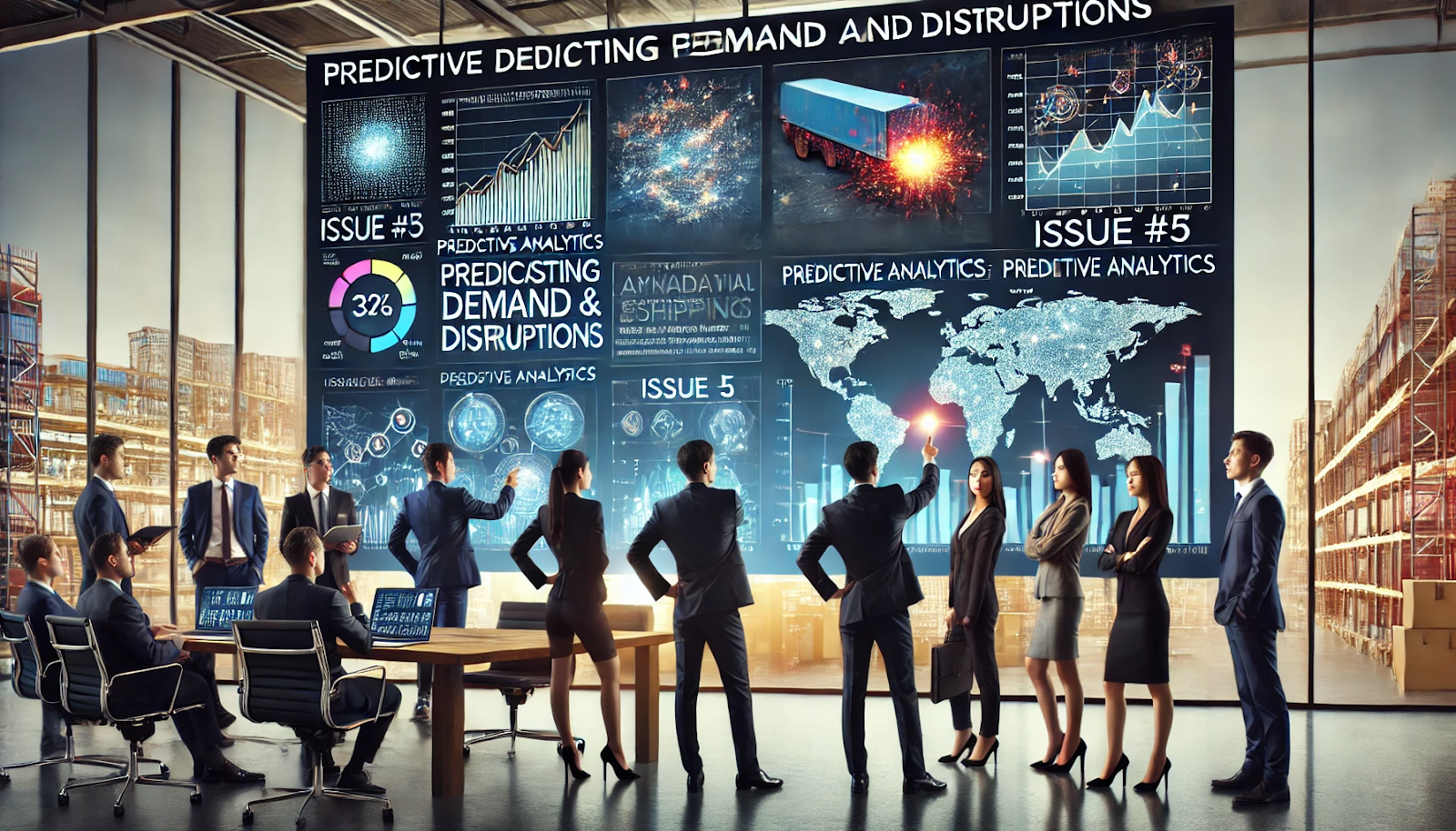 An AI-powered dashboard with graphs and charts predicting future demand and potential disruptions in the supply chain. A diverse group of business professionals is analyzing the data, showcasing AI-driven anticipatory shipping and forecasting techniques.