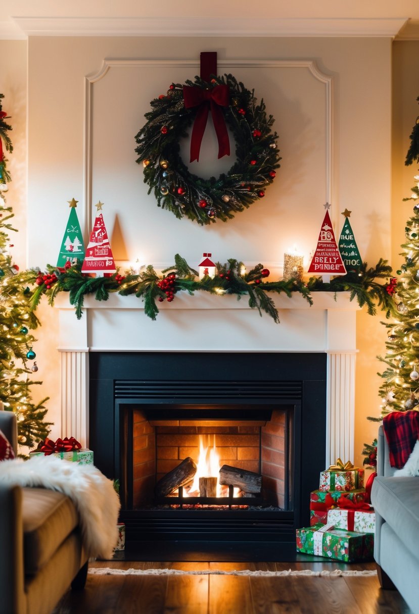 A cozy living room with a crackling fireplace, adorned with a vintage Christmas card wreath hanging above a mantle, surrounded by twinkling lights and festive decorations