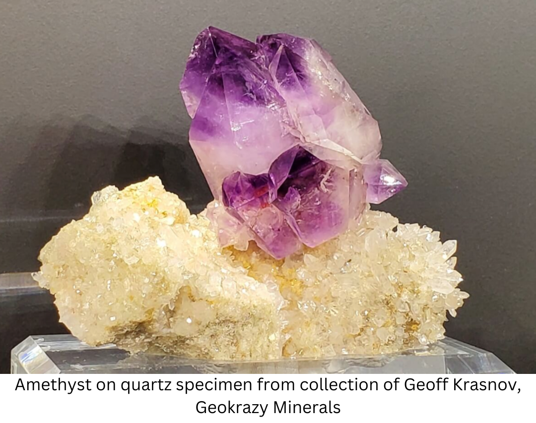 Amethyst on quartz specimen from collection of Geoff Krasnov, Geokrazy Minerals