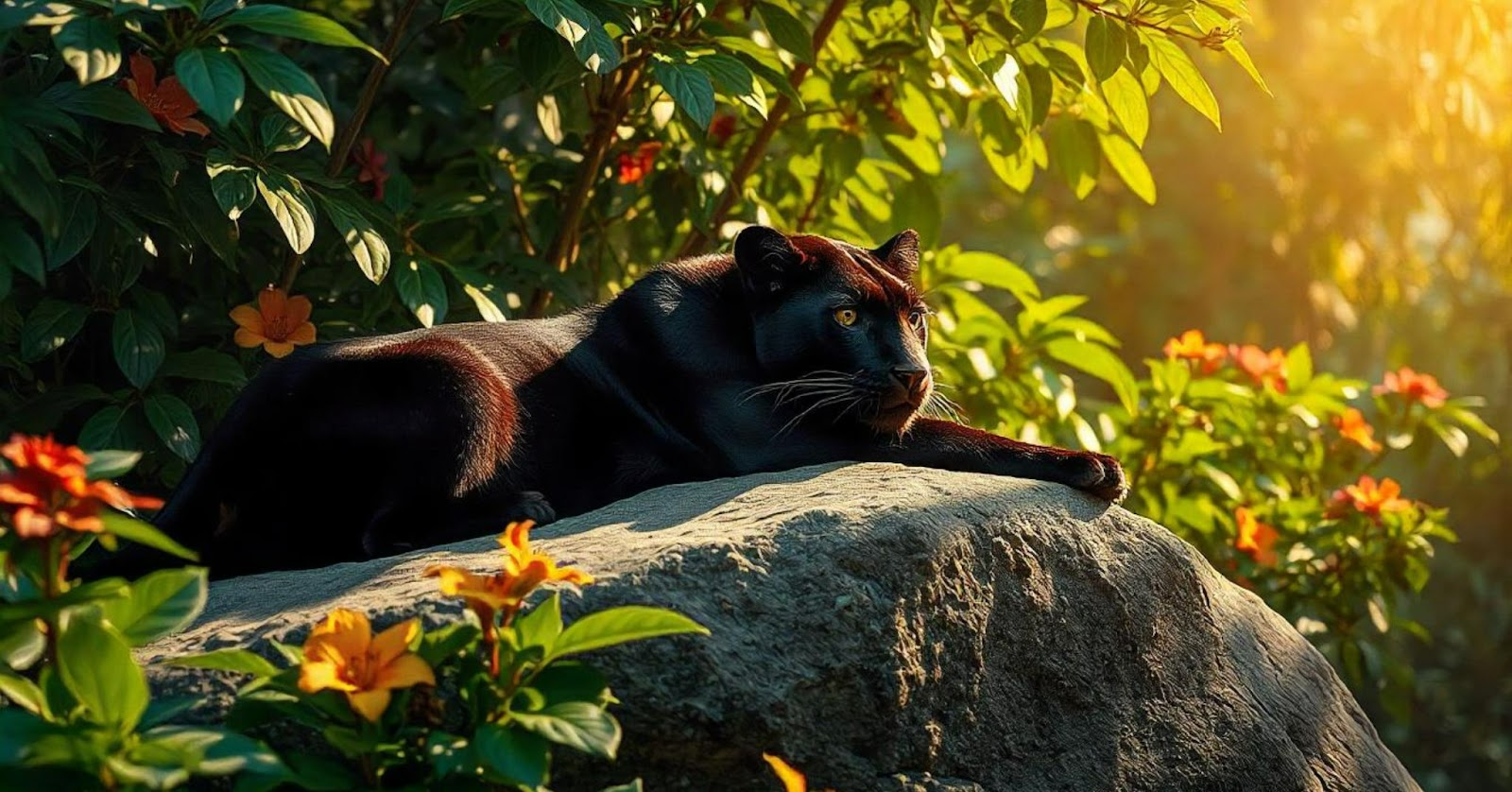 A sleek black panther lounging on a sunlit rock surrounded by vibrant flowers and greenery.