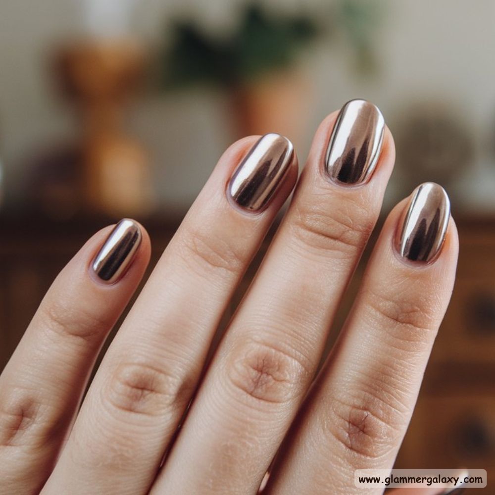 Neutral Fall Nails having Metallic Chocolate Chrome

