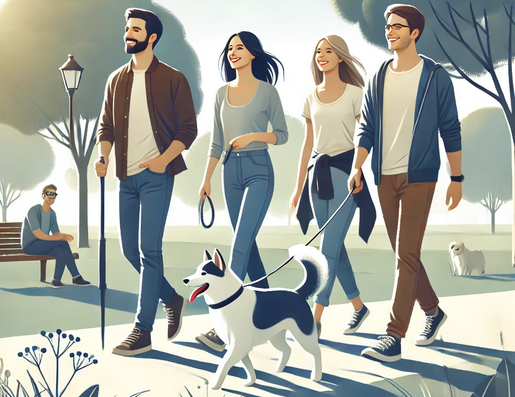 An illustration of three friends walking happily in a peaceful park with a dog on a leash, surrounded by trees.