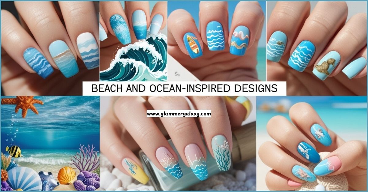 Various nail art designs inspired by beach and ocean themes, showcasing waves, sand, and marine life.