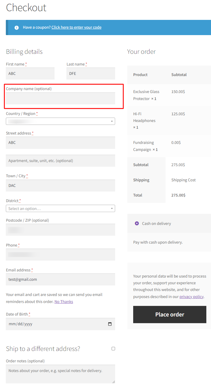 Default preview of the WooCommerce checkout page with the company name field