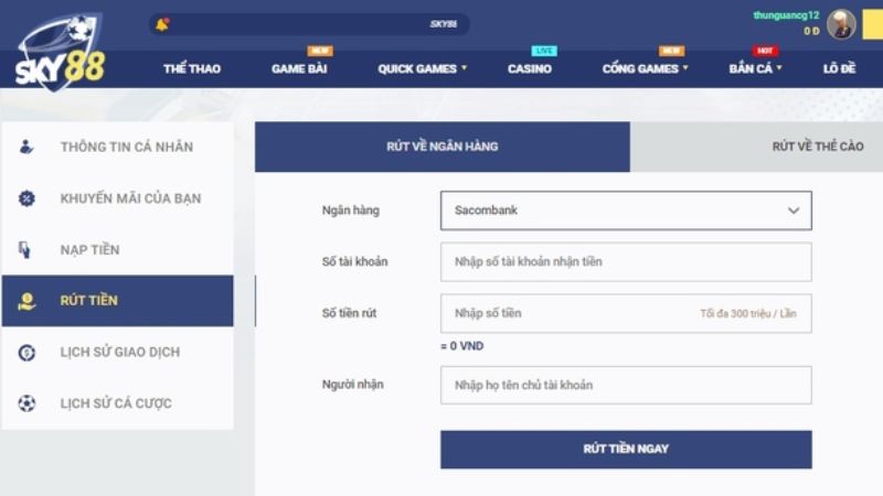Hướng dẫn rút tiền sky88