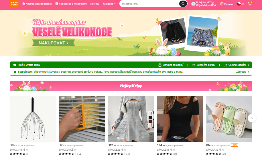 Titulní stránka e-shopu Temu.com