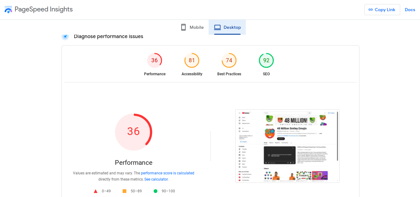 Youtube channel metric “Performance” for desktop shows a value of 36/ 100 in PageSpeed ​​Insights. 