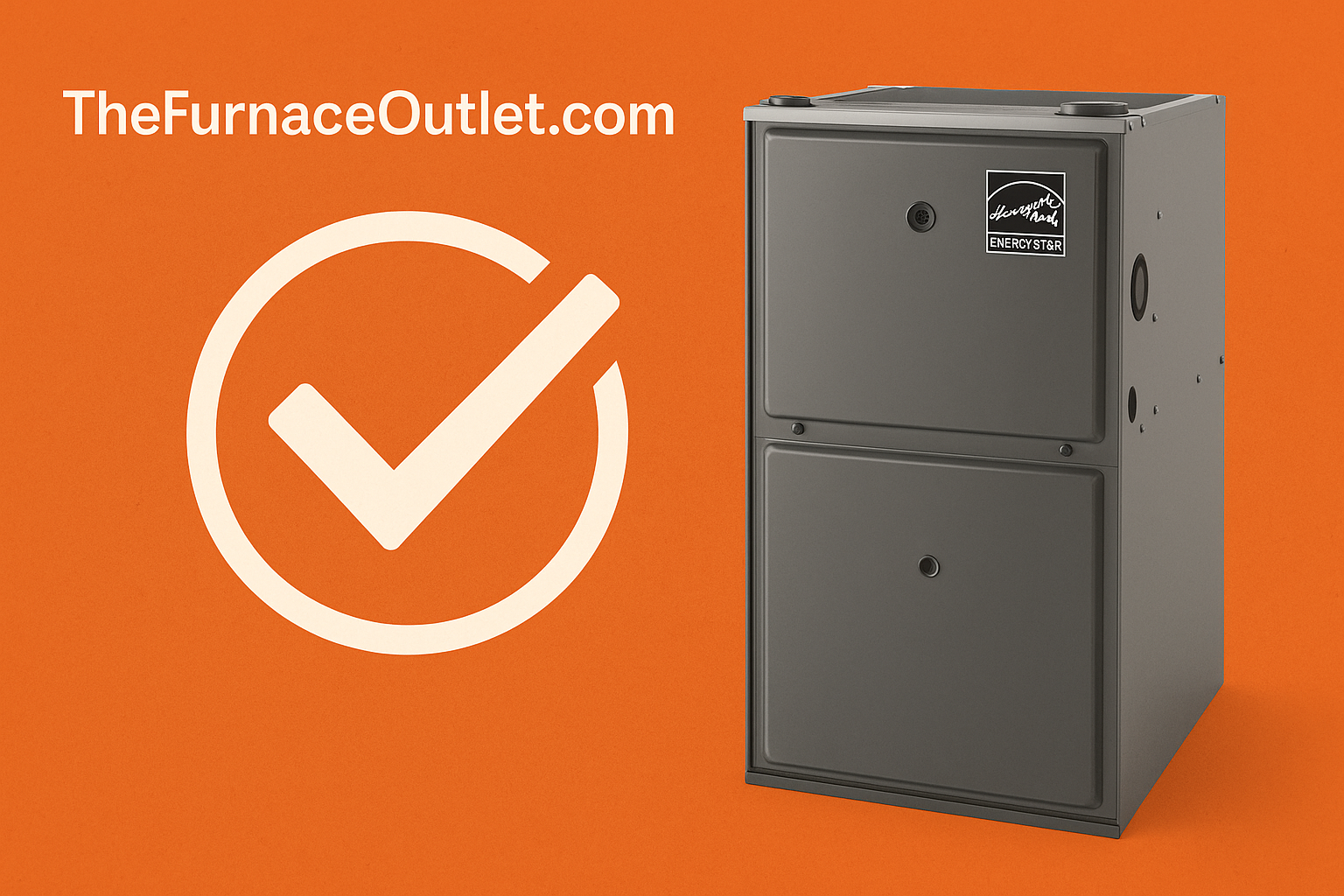 A sleek ENERGY STAR-certified high-efficiency furnace is shown on the right side of a bold orange background with a large white checkmark and “TheFurnaceOutlet.com” branding on the left.