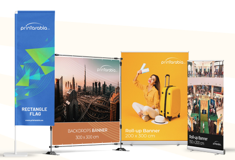 Imgae showing different event essemntail large prints showing sail flag, backdrop banner, banner, and rollup banner.