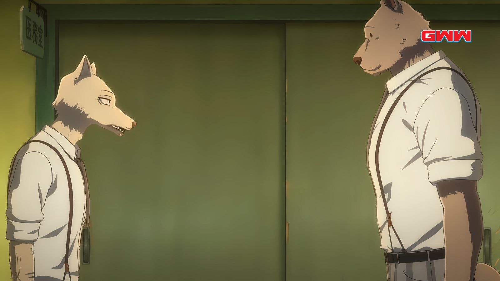 Two wolf characters in a tense moment inside a room.