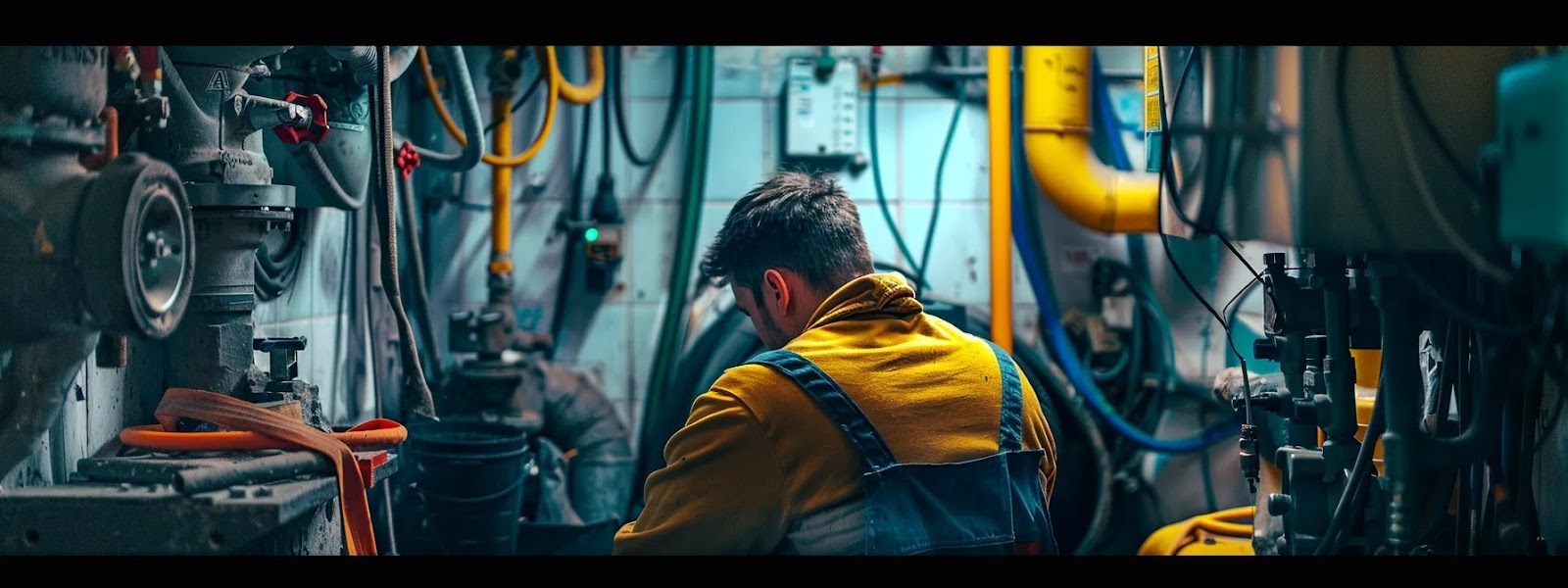 a homeowner looking at a complex tangle of pipes and tools, contemplating whether to call a professional plumber.