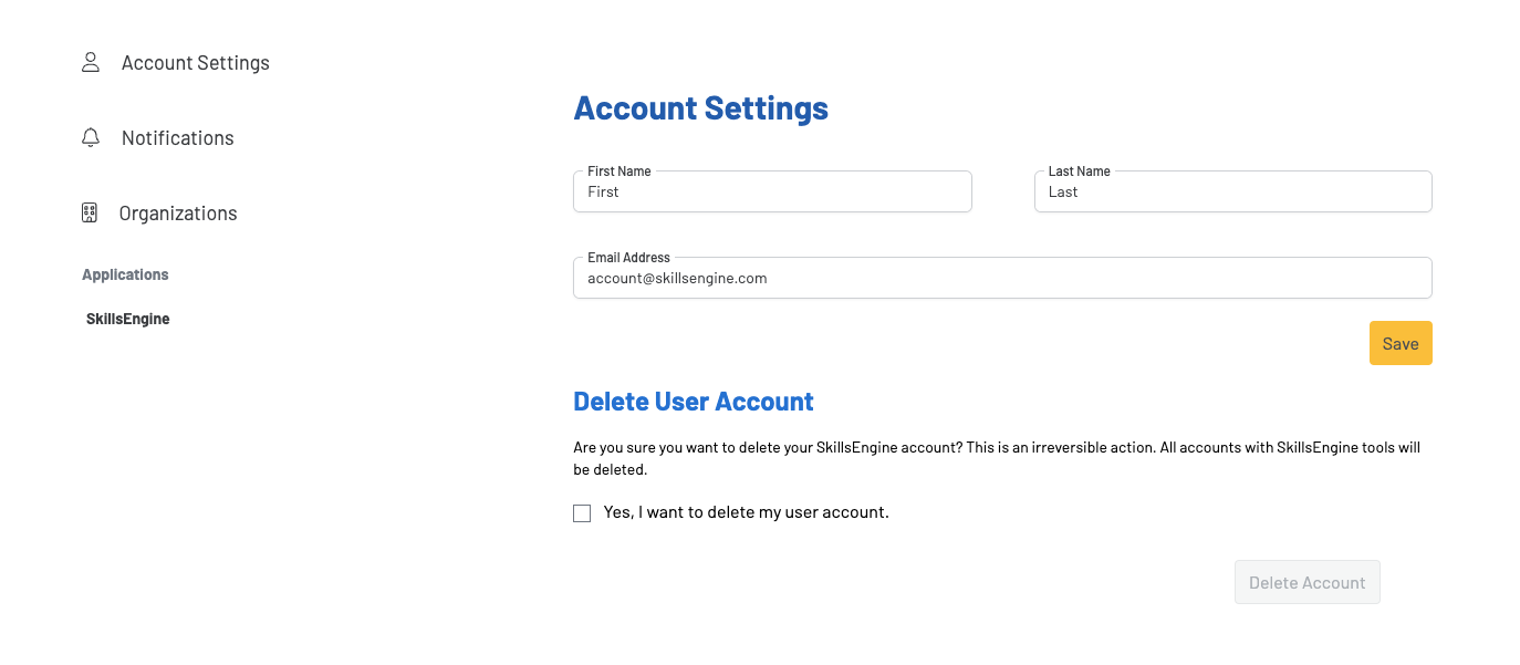 Screenshot of the account settings page showing the editable personal information fields and the way to delete a user account.