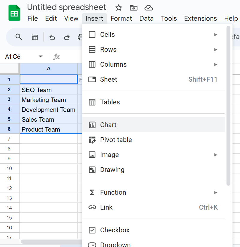 Langkah 3: Pilih dan sisipkan bagan untuk membuat bagan batang bertumpuk di Google Spreadsheet