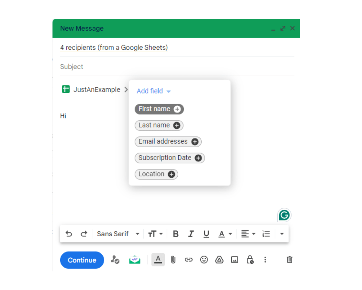 How to use merge tags in Mailsuite: Click the Add field button to select a merge tag