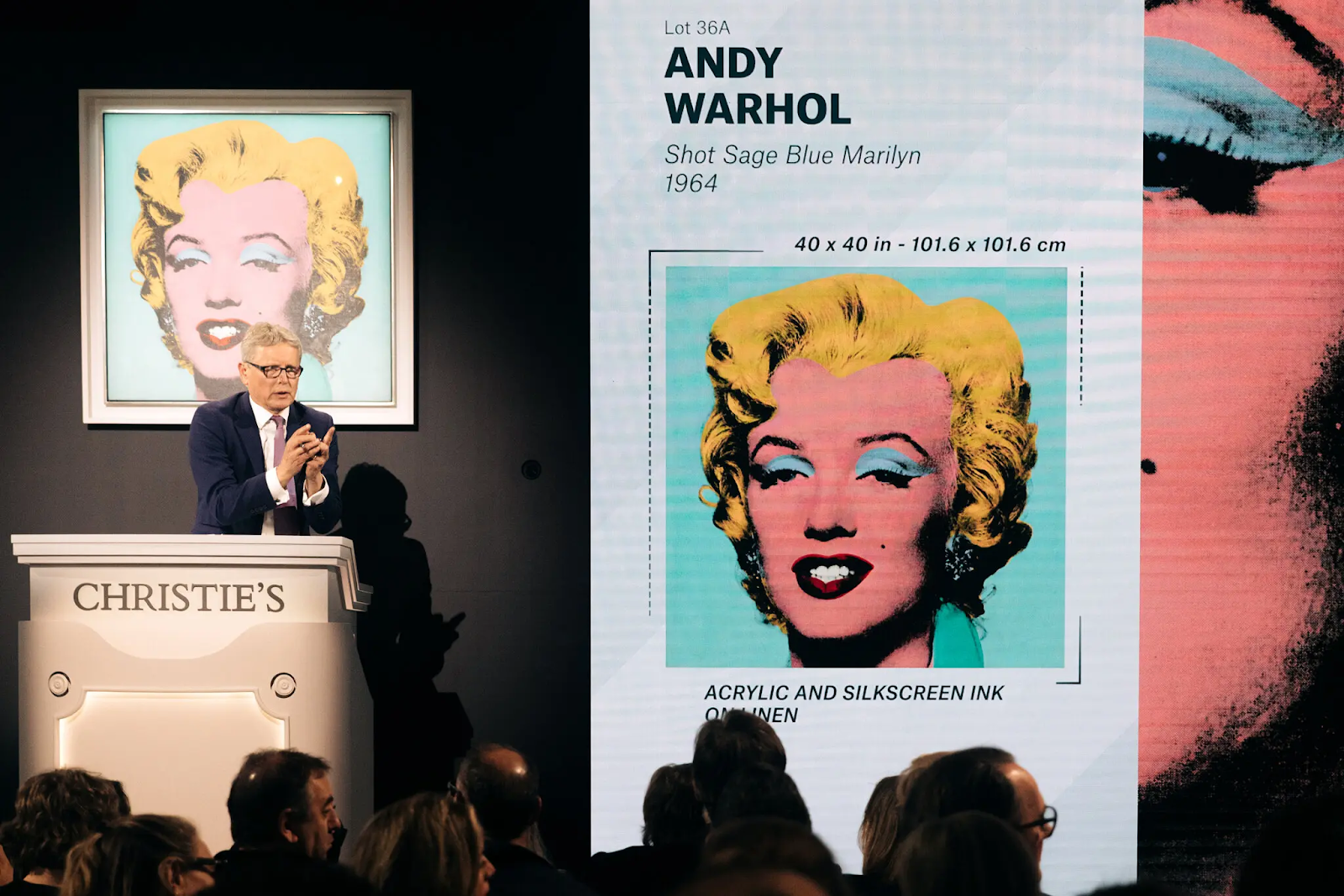 Andy Warhol’s, “Shot Sage Blue Marilyn” is auctioned at Christie’s. This Andy Warhol painting value was made public at the sale.