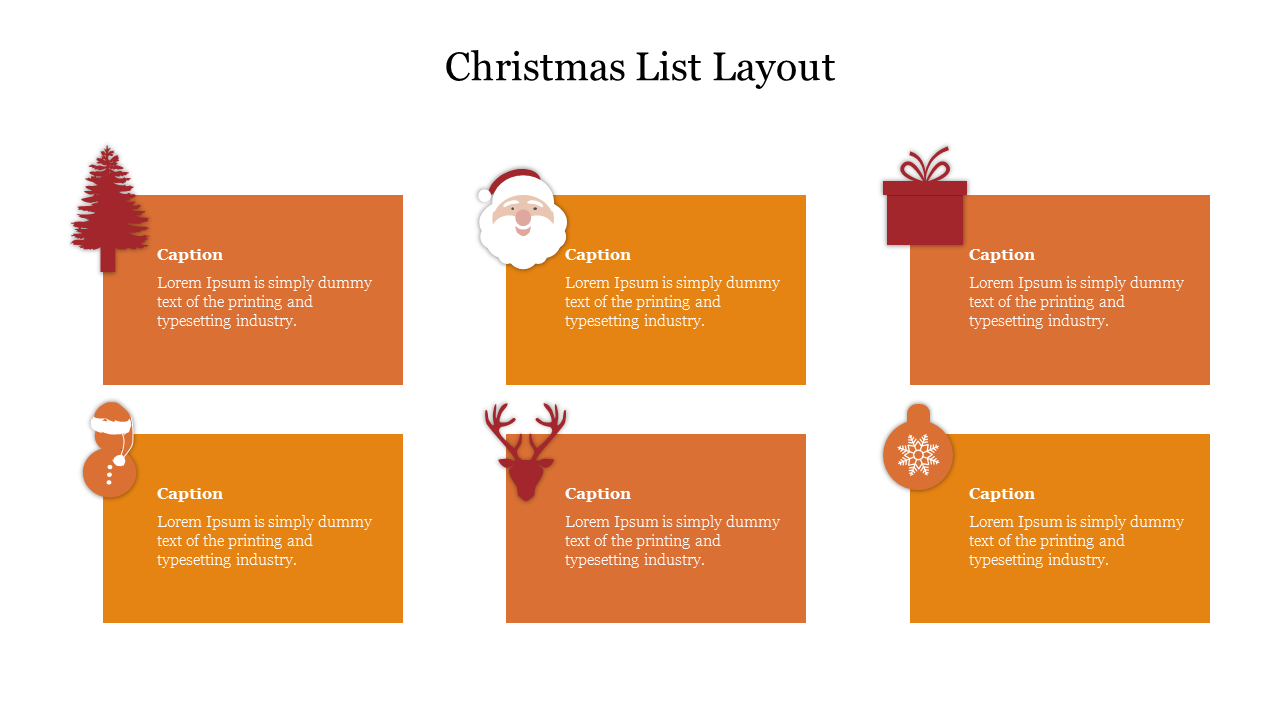 Christmas List Layout slide with festive icons like Santa, gifts, reindeer, and snowflakes, paired with orange caption boxes.