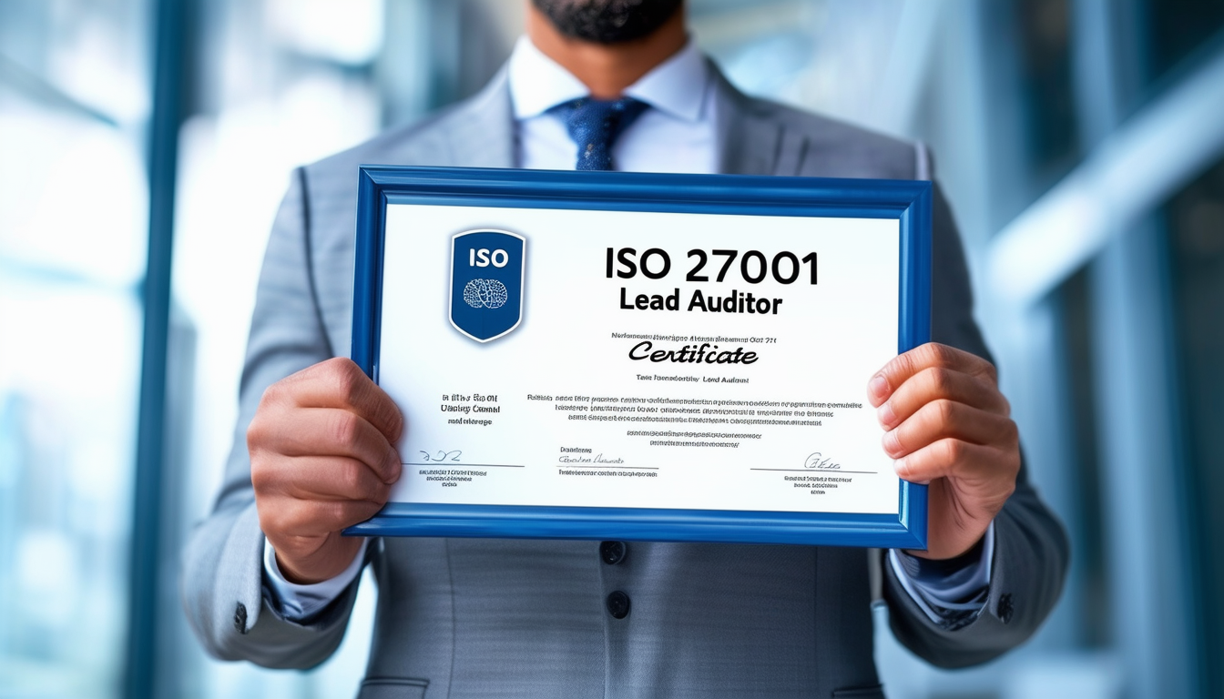 A confident professional holding an ISO 27001 Lead