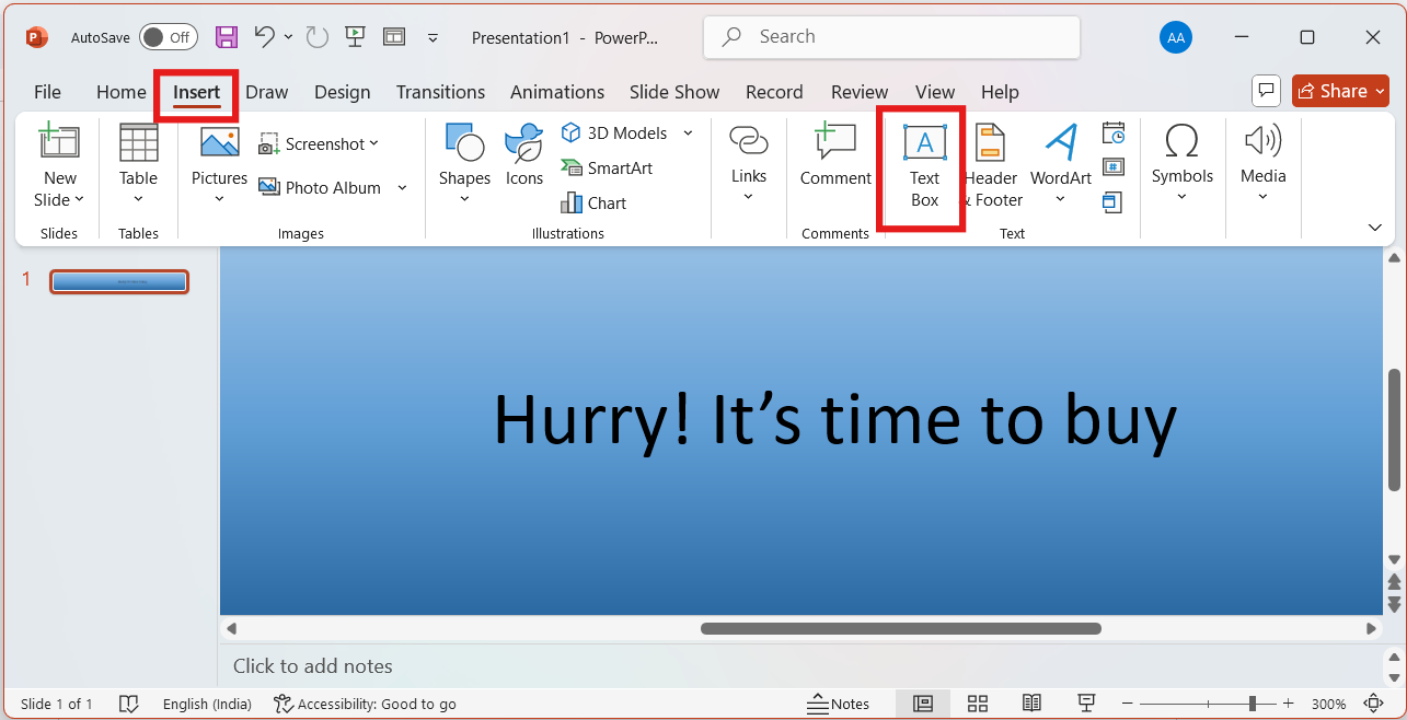 Insert > Textbox option in PowerPoint