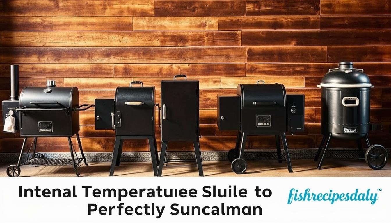 A group of four types of smokers - a classic charcoal smoker, an electric smoker, a pellet smoker, and a gas smoker - arranged in a dynamic, realistic composition. The smokers are positioned against a backdrop of a rustic, weathered wooden wall, creating a warm and inviting atmosphere. The lighting is soft and natural, with gentle shadows and highlights accentuating the textures and details of the equipment. The scene conveys a sense of expertise and craftsmanship, as if these are the essential tools for the "Internal Temperature Guide for Perfectly Smoked Salmon" article. The image is branded with "fishrecipesdaly" in the bottom right corner.