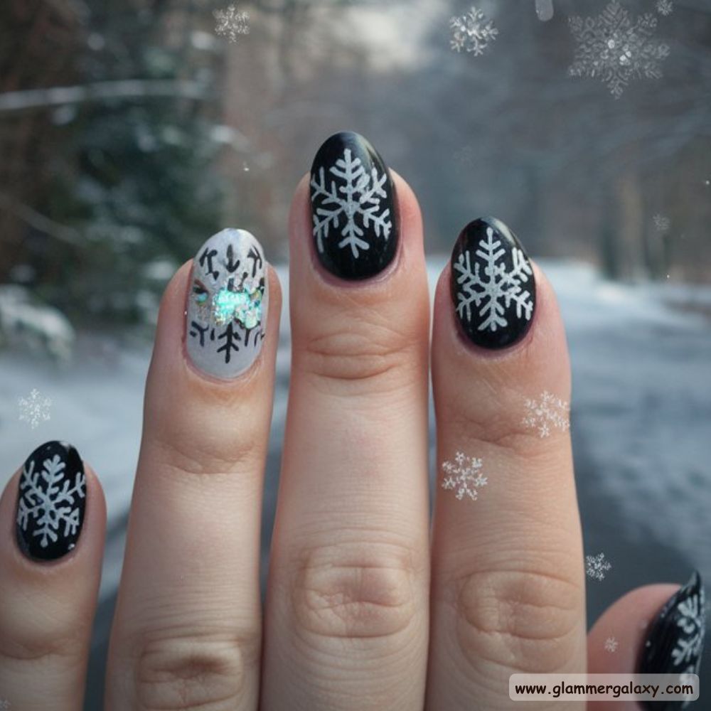 Dark Winter Nails having Intricate Snowflake Designs
