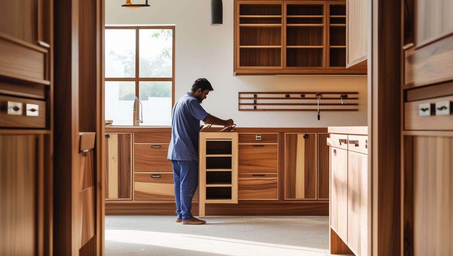 Skilled craftsman at Elegante Interiors workshop in Bangalore handcrafting custom kitchen cabinets