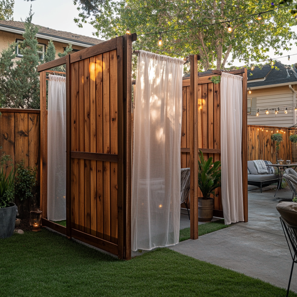 An image of a slatted shade wall with curtains. 