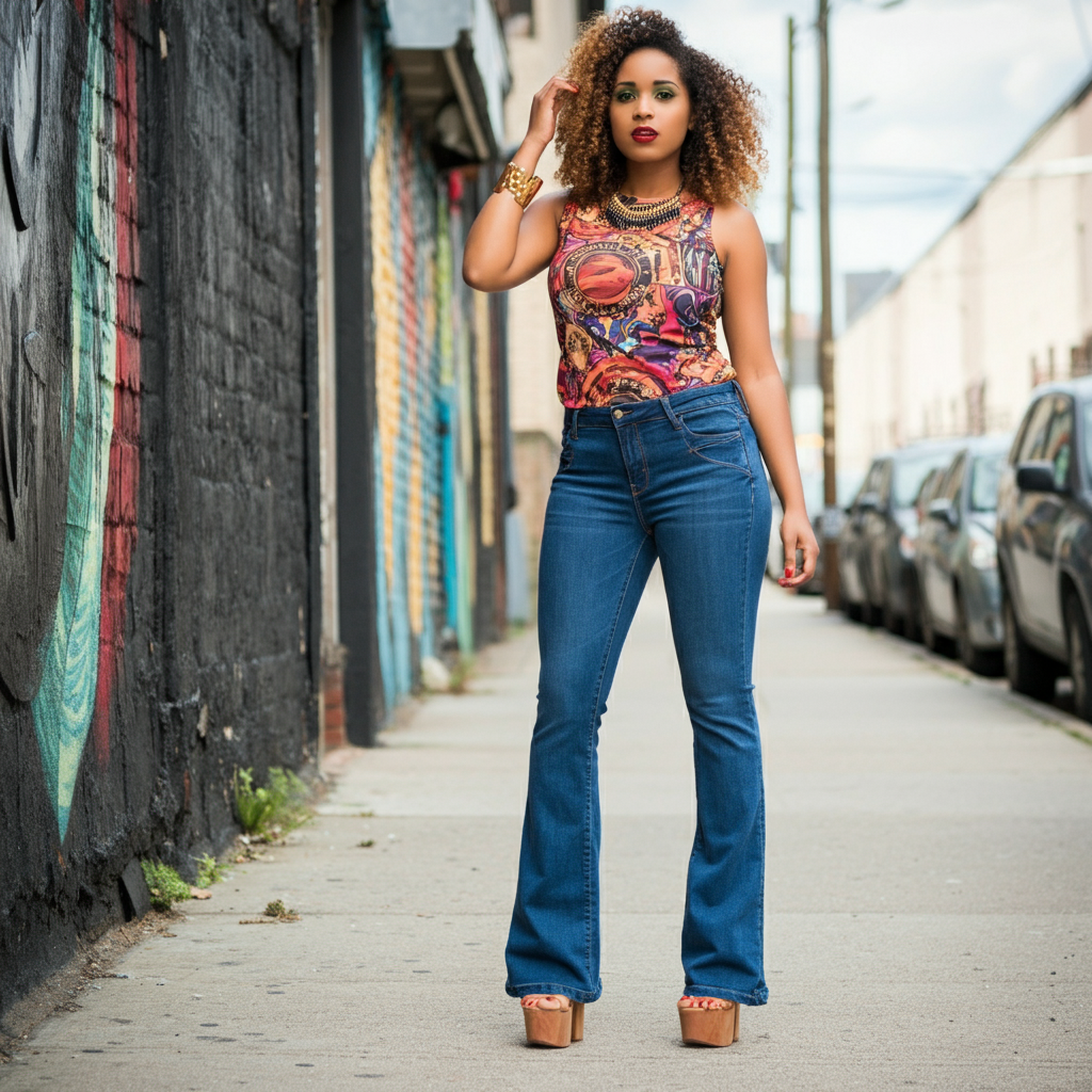 Woman in flare jeans with bold prints and heels