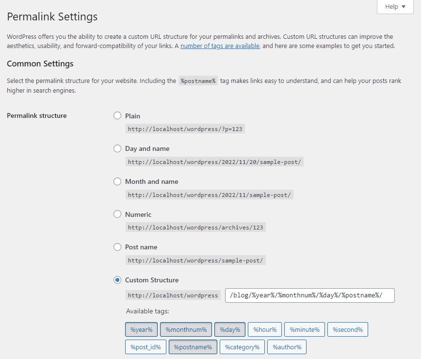 WordPress permalinks settings