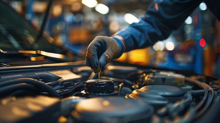 In the photograph, we observe a skilled technician engaged in the detailed process of maintaining a vehicle's engine. Wearing a protective blue uniform and gloves, the mechanic is focused on checking or replacing a critical component. The background, blurred with hints of bright industrial lighting, indicates a busy garage atmosphere where precision and expertise are paramount in ensuring the vehicle's performance and safety.