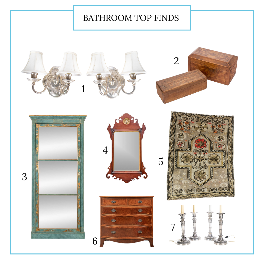 A grouping of seven auction lots includes sconces, furniture, a rug and decorative accessories.