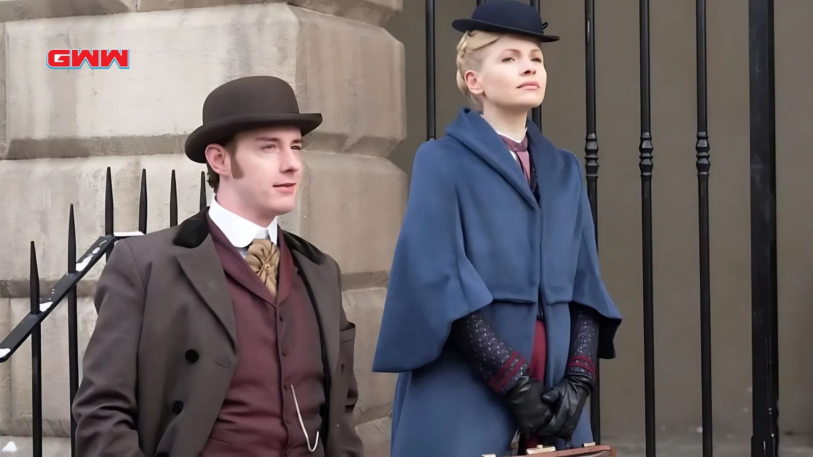 Evan McCabe as Detective Fitzroy and Kate Phillips as Eliza Scarlet in Miss Scarlet and the Duke Season 5